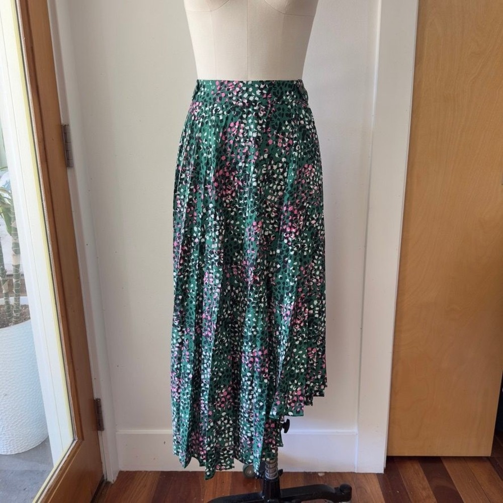 Topshop Green Pink Animal Print Pleated Asymmetric Hi-Low Midi Skirt US 10 UK 14